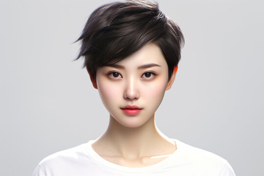 close up of an Asian woman with smooth skin gazing at the camera against a white backdrop, illuminated by studio lights.