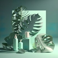 3D background display, natural tree leaf shadow pastel green backdrop. Nature product promotion beauty cosmetics . Studio Minimal showcase 3D render advertisement Generative AI 