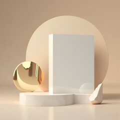 3D background. Podium, stone display. Beige luxury backdrop with gold mirror. Minimal pedestal for beauty, cosmetic product presentation. Mockup with sun shadow. Summer template, studio Generative AI 