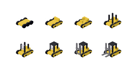 Step-by-step construction of a forklift from blocks. Vector © Server