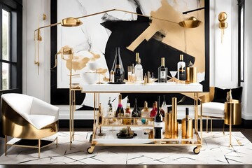 A chic white, black, and golden bar cart featuring intelligent mixology tools and located in a stylishly designed lounge with abstract, vibrant artwork.