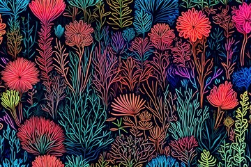 A neon abstract garden, where every plant is a different radiant color