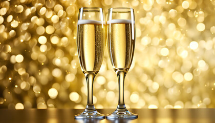 Two champagne glasses and golden background
