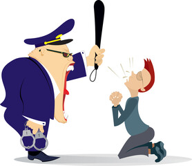 Shouting police officer. Kneeling man confessing in criminal.
Frightened man kneeling before the angry police officer with handcuffs and baton
