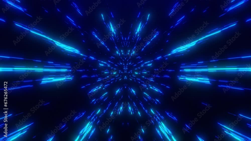 Poster abstract flight of digital neon particles in hyperwarp space in a tunnel. flying lines at high speed