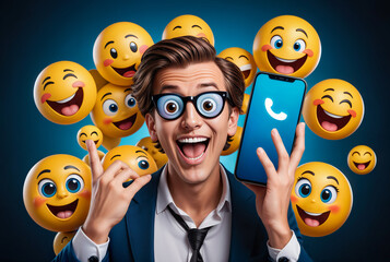A Man Influencer on Internet Holding Up a Smartphone Amidst a Crowd of Emoticons. - obrazy, fototapety, plakaty