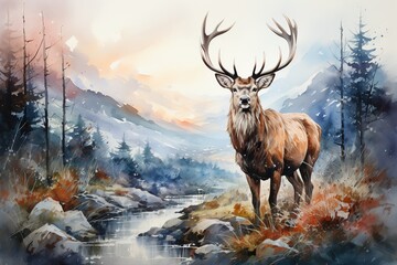 deer in the mountains - obrazy, fototapety, plakaty