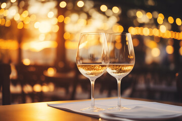 restaurant table with a glass of white wine, soft golden light, expensive restaurant with beautiful lights in the background
