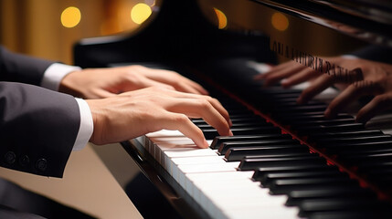 Fototapeta na wymiar pianist hands on piano keys, music, concert, melody, etude, symphony, sonata, composition, opera, play, musician, performance, musical instrument, fugue, nocturne, stage, play, fingers, chord, notes