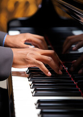 Obraz premium pianist hands on piano keys, music, concert, melody, etude, symphony, sonata, composition, opera, play, musician, performance, musical instrument, fugue, nocturne, stage, play, fingers, chord, notes