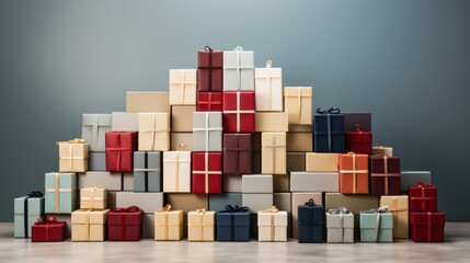 Pattern of Christmas presents stacked in a clean and orderly arrangement. AI generated