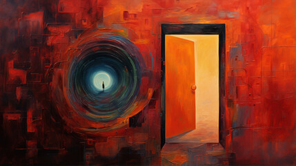 oil painting People who find a way out of problems The exit light was found within the tunnel and the door opened to welcome success.