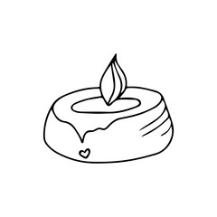 Hand drawn burning aroma candle decorated with a heart shape. Doodle Love symbols holiday clipart for card, logo, design. Isolated on white background.