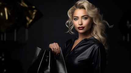 beautiful stylish young rich woman in black clothes on a dark shiny background, shopping, glamor, luxury, portrait, girl, face, smile, sale, beauty, outfit, lifestyle, wealth, elite, space for text