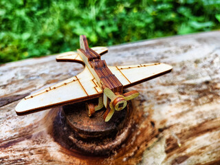 Vintage toy wooden airplane in nature. Private adventure traveling by flight. Aircraft for nature protection, eco friendly, fire extinguishing, rescue of victims. Plane crash, breakdown