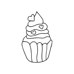 Hand drawn cute cupcake with cream and heart shapes sprinkles. Doodle Love symbols holiday clipart. Valentine s Day concept. Isolated on white background