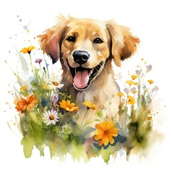 golden retriever puppy with flowers