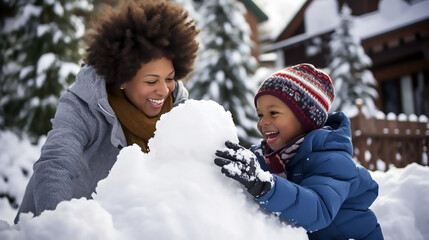 Madre e hijos afroamericanos vestidos con ropa de invierno y sonriendo felizmente, jugando con una montaña de nieve en un día nevado .