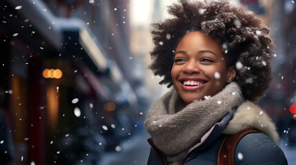 Mujer afroamericana de pie con un fular en el cuello y pelo voluminoso, sonriendo en un día nevado en la ciudad. - obrazy, fototapety, plakaty