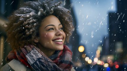 Mujer afroamericana con bufanda de pie y sonriendo en una tarde nevando en la ciudad al atardecer.  - obrazy, fototapety, plakaty