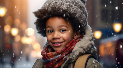 Niño afroamericano vestido con ropa de invierno y gorro sonriendo en un día que esta nevando en la ciudad. - obrazy, fototapety, plakaty
