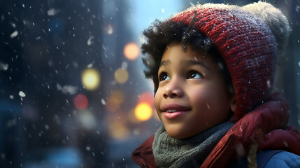 Niño afroamericano con un gorro de lana y bufanda mirando hacia arriba en un día nevado en una ciudad.  - obrazy, fototapety, plakaty