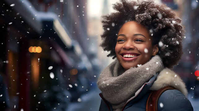 Mujer afroamericana de pie con un fular en el cuello y pelo voluminoso, sonriendo en un d&iacute;a nevado en la ciudad.