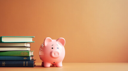 Piggy bank with books. College fees saving concept