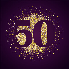 Creative number 50. Price label. 50th anniversary icon concept. Up to 50 percent off sale. Shiny golden design with glittering elements. Isolated sign. Gold texture. Holiday background. Top 50 idea. - obrazy, fototapety, plakaty