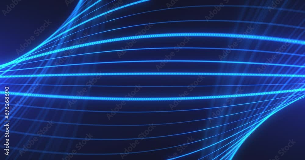 Poster abstract waves from lines and dots of particles of glowing swirling futuristic hi-tech. abstract bac