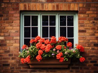 Fototapeta na wymiar Window box beautiful red flowers brick wall, generative ai