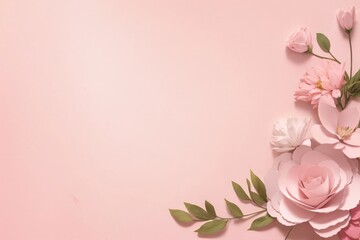 Fototapeta premium Design elements on a basic pink paper texture background. Background for party, birthday, wedding or graduation invitation card in white color with floral elements in soft art style. Generative Ai.