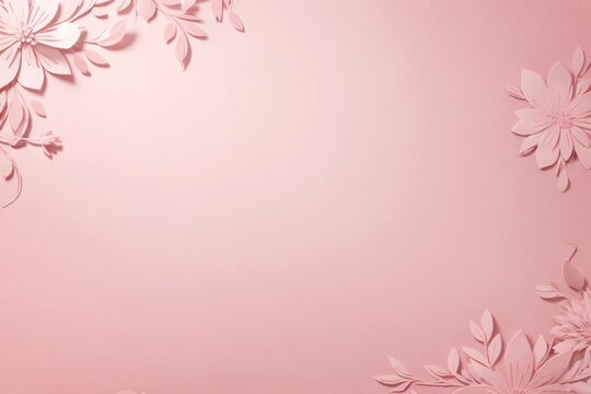 Design elements on a basic pink paper texture background. Background for party, birthday, wedding or graduation invitation card in white color with floral elements in soft art style. Generative Ai.