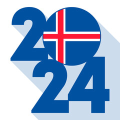 Happy New Year 2024, long shadow banner with Iceland flag inside. Vector illustration.