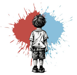 Vector Art of Scruffy Boy with Back to Viewer, Urban Fashion T-Shirt Design with Colorful Ink Splatter Background, Street-Inspired Teen Fashion Illustration, Modern Youth Culture Apparel Graphic with 