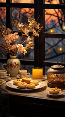 Naklejka premium Chinese traditional cakes and tea on the table near the window at night. 