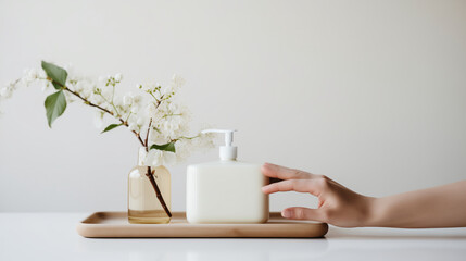 White soap bottle with hand, minimalistic mock up