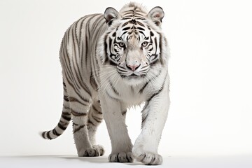 Fototapeta premium Adult white tiger with wet fur, isolated on a white background. Generated by artificial intelligence