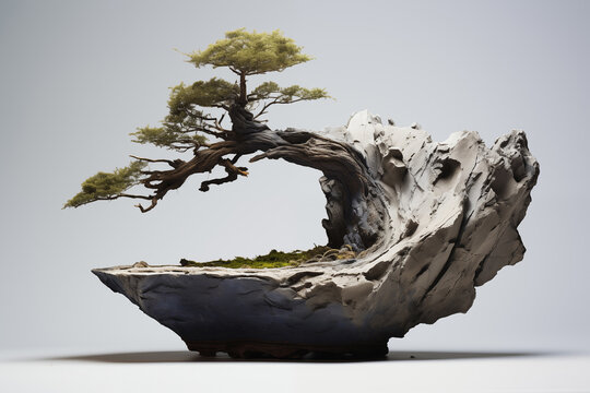 Bonsai on hard abstact rock. Bonsai grows on abstract rock form. Isolated, studio photography.