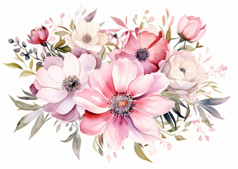 Obraz na płótnie Canvas Pink flowers watercolor bouquet isolated on white background
