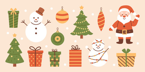 Vector Christmas set with Santa Claus, gift boxes, snowmen, christmas tree and baubles. New Year and Christmas collection. Winter holiday cute funny illustration.