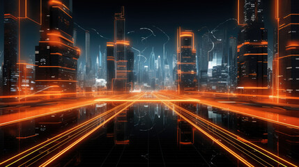 Abstract image of blur motion of cars on the city road at night. Modern urban architecture.