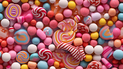 Fototapeta na wymiar Buntes Süßigkeitenmuster mit einer Mischung aus Lutschern und Bonbons, Zuckerstangen, perfekt für nahtlose Designs und Hintergründe