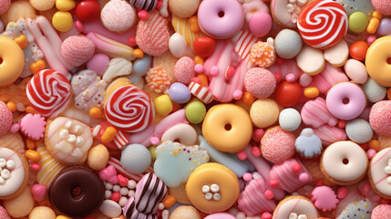 Buntes S&uuml;&szlig;igkeitenmuster mit einer Mischung aus Lutschern und Bonbons, Zuckerstangen, perfekt f&uuml;r nahtlose Designs und Hintergr&uuml;nde