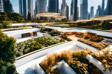 A futuristic white and golden rooftop garden with intelligent gardening solutions, located in a...