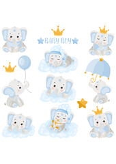 Set with blue digital elements of baby boy elephant