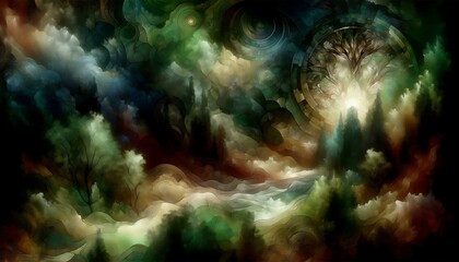Abstract background depicting a mystical forest scene with a palette of dark greens and earthy browns