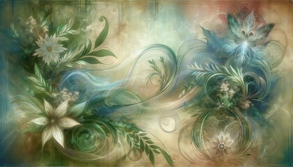Abstract background with an ethereal garden theme, featuring lush greens and floral patterns