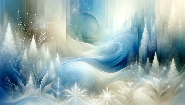 Abstract background depicting a tranquil winter scene with soft blues and whites, resembling a snowy landscape