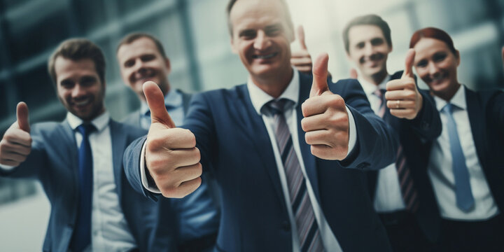 A close-up of a businessman's hand gesturing a thumbs-up sign, signifying appreciation for a job well done and encouragement to continue excelling in the future. Generative AI.